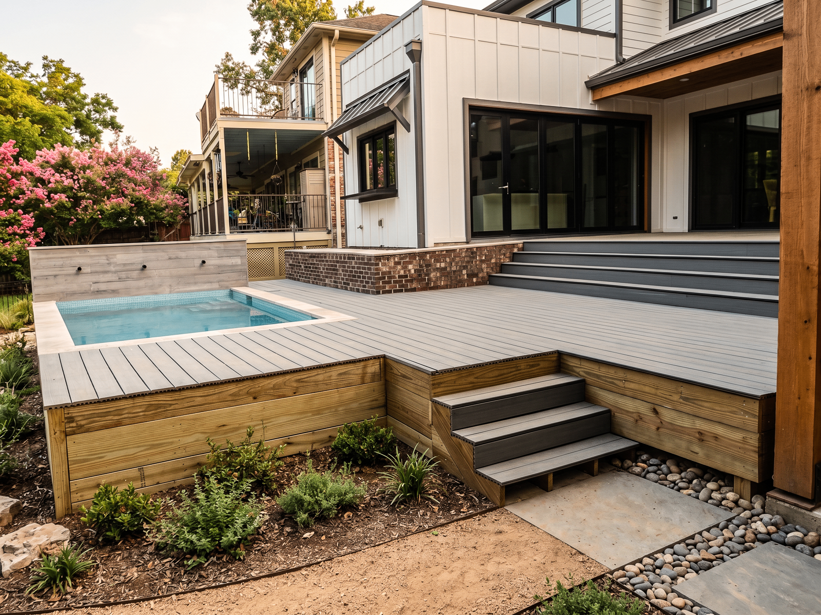 Modern composite pool deck with stairs in Montgomery County TX
